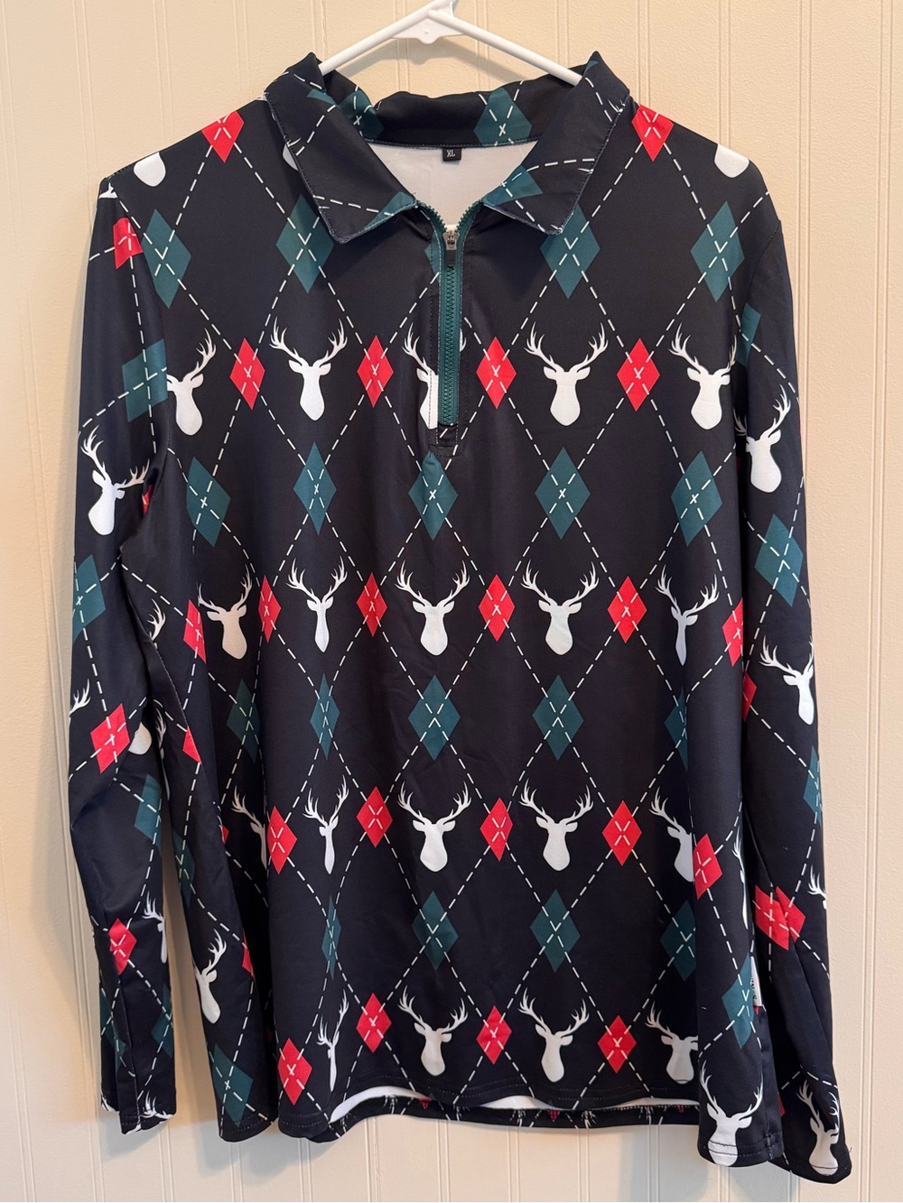 Black Argyle Deer Print Quarter-Zip Pullover